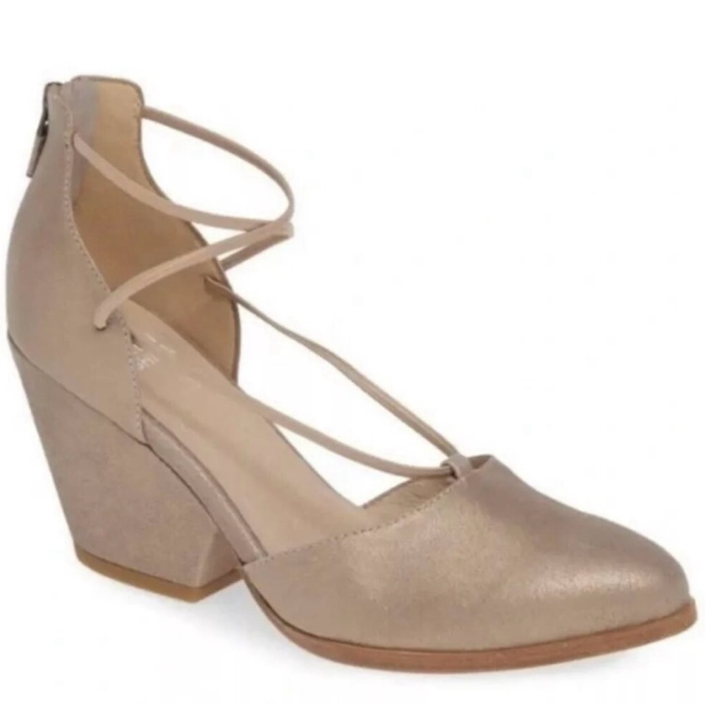 Eileen Fisher Nude Beige Metallic Lace-Up Block Heel Pumps Sz 7.5
